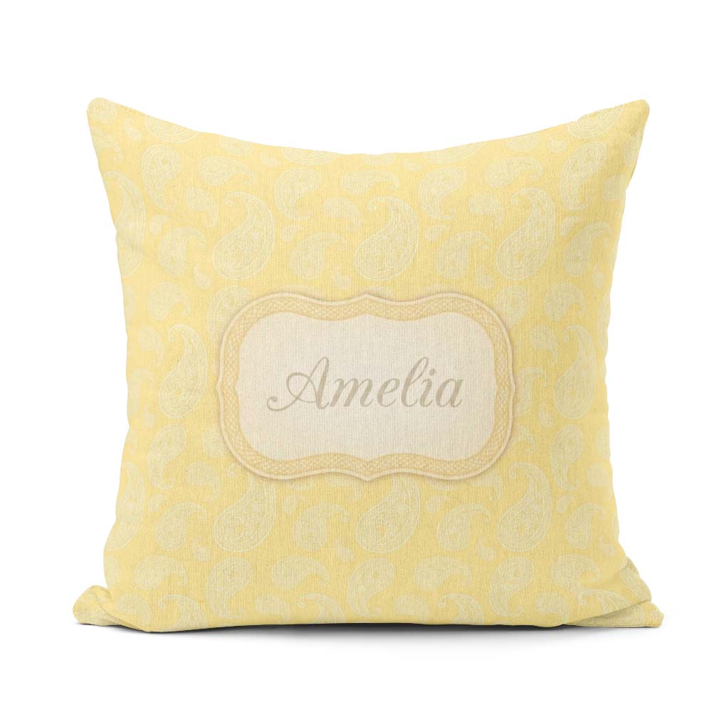 Custom Name Yellow Paisley Seamless Pattern Elegant Decorative Square Filled Cushion Throw Pillow Sofa Bed Home Decor Zip Washable UK Made