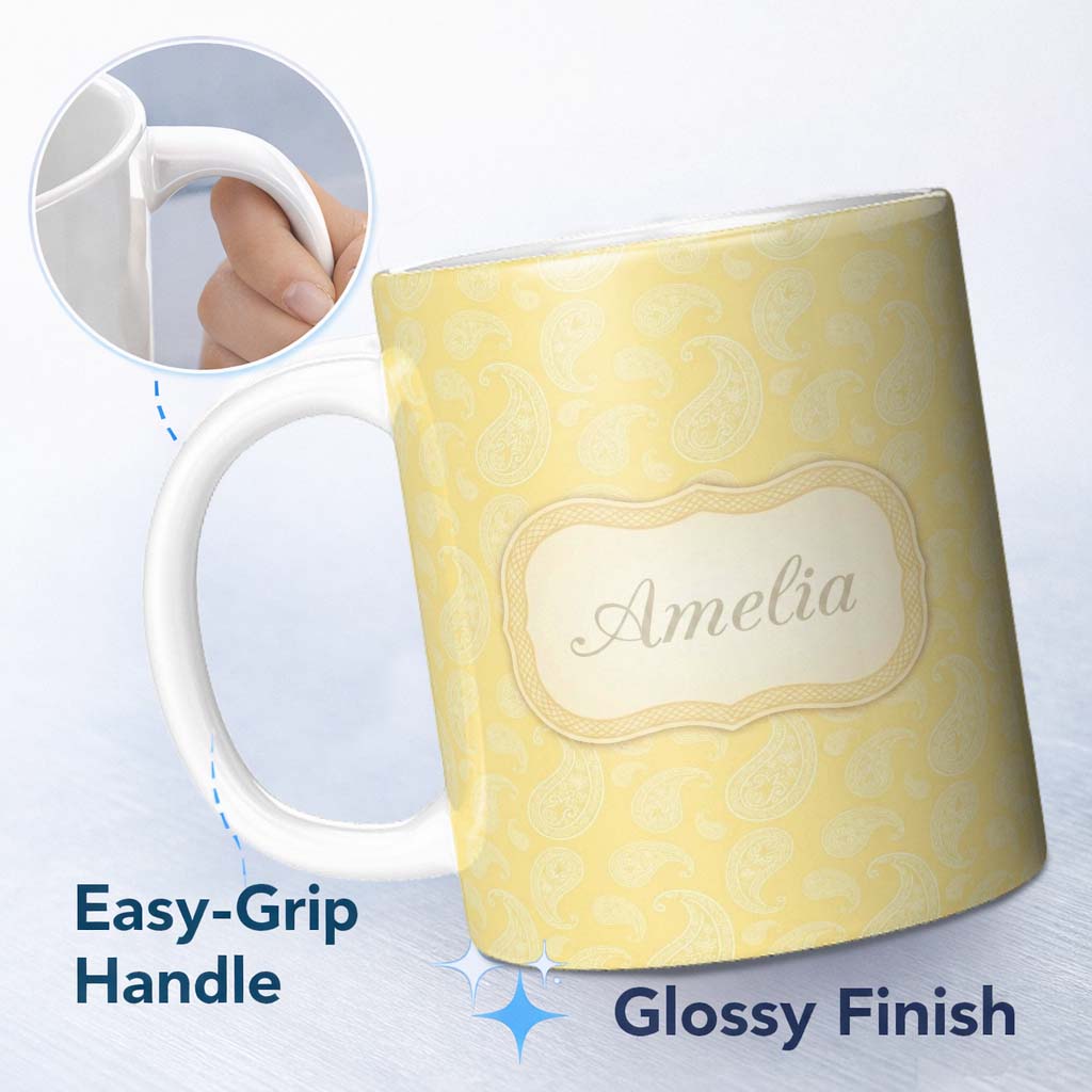 Personalized Custom Name Yellow Paisley Floral Seamless Pattern Elegant Decorative Design 11oz Ceramic Coffee Tea Mug White Large Handle