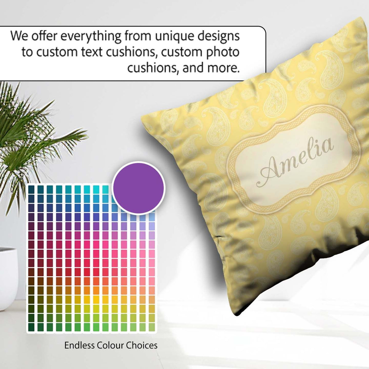 Custom Name Yellow Paisley Seamless Pattern Elegant Decorative Square Filled Cushion Throw Pillow Sofa Bed Home Decor Zip Washable UK Made