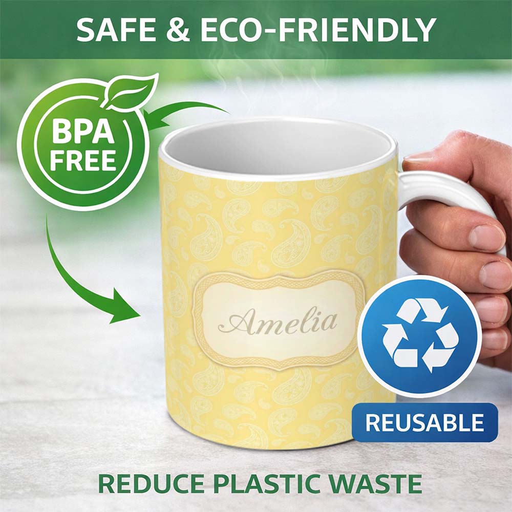 Personalized Custom Name Yellow Paisley Floral Seamless Pattern Elegant Decorative Design 11oz Ceramic Coffee Tea Mug White Large Handle