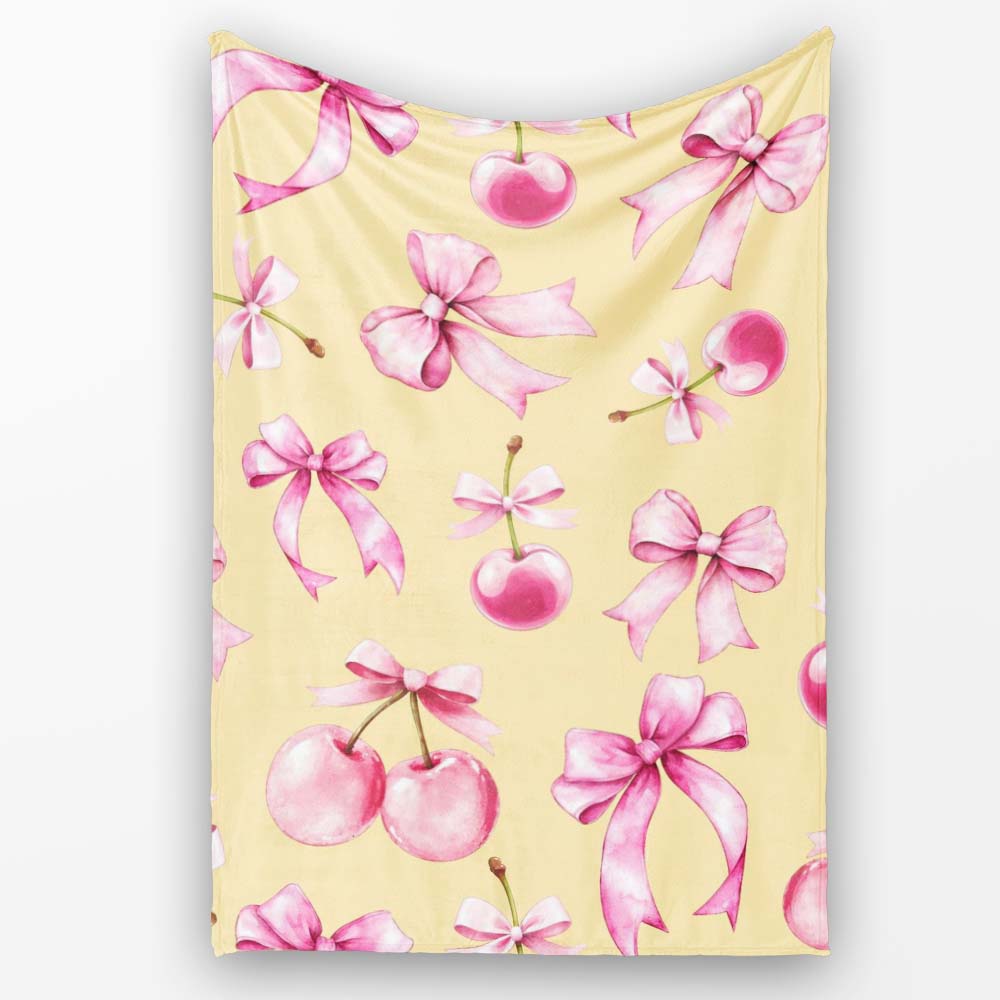 Watercolor Pink Cherry Ribbon Bow Seamless Pattern Warm Yellow Personalised Custom Name Super Soft Fleece Blanket Bed Sofa Throw