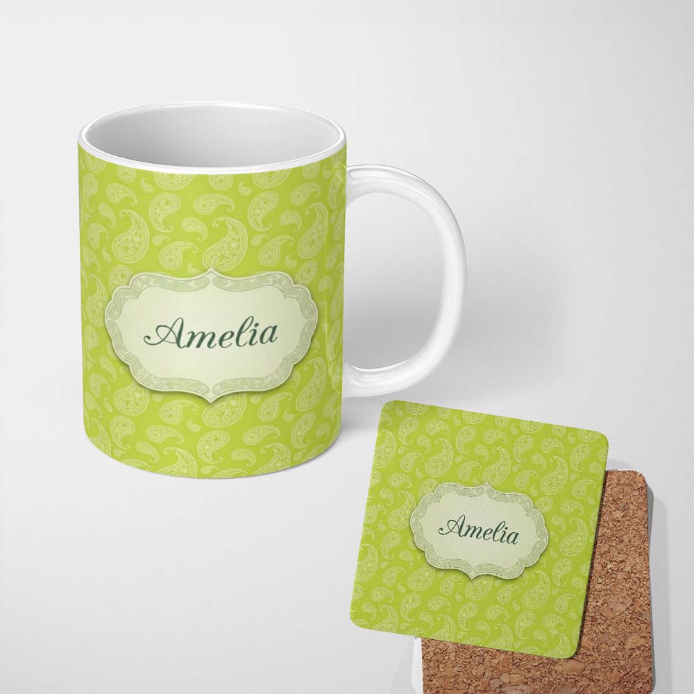 Personalized Custom Name Green Paisley Floral Seamless Pattern Elegant Decorative Design 11oz Ceramic Coffee Tea Mug White Large Handle
