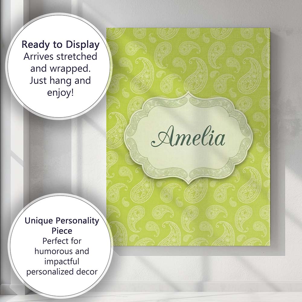 Personalised Name Green Paisley Floral Custom Modern Room Accent Elegant Feature Canvas Wall Art Print Decor Picture Ready to Hang