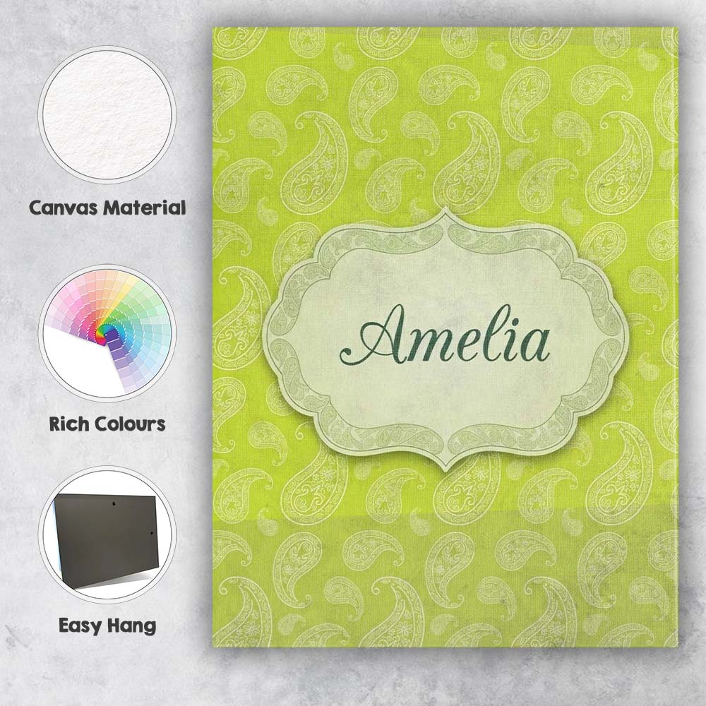 Personalised Name Green Paisley Floral Custom Modern Room Accent Elegant Feature Canvas Wall Art Print Decor Picture Ready to Hang