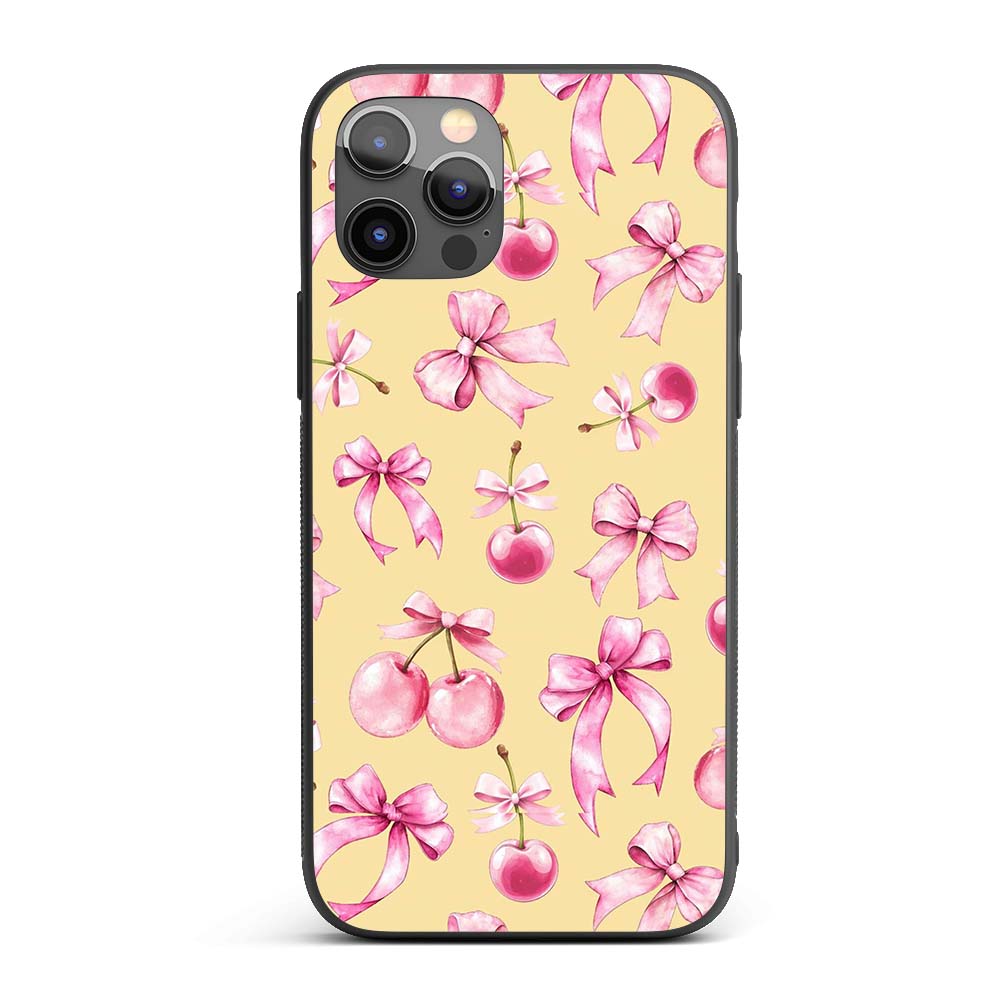 Watercolor Pink Cherry Ribbon Bow Printed Design Custom Name Protective Phone Case Mobile Cover Durable Everyday Smartphone Shock Resistant
