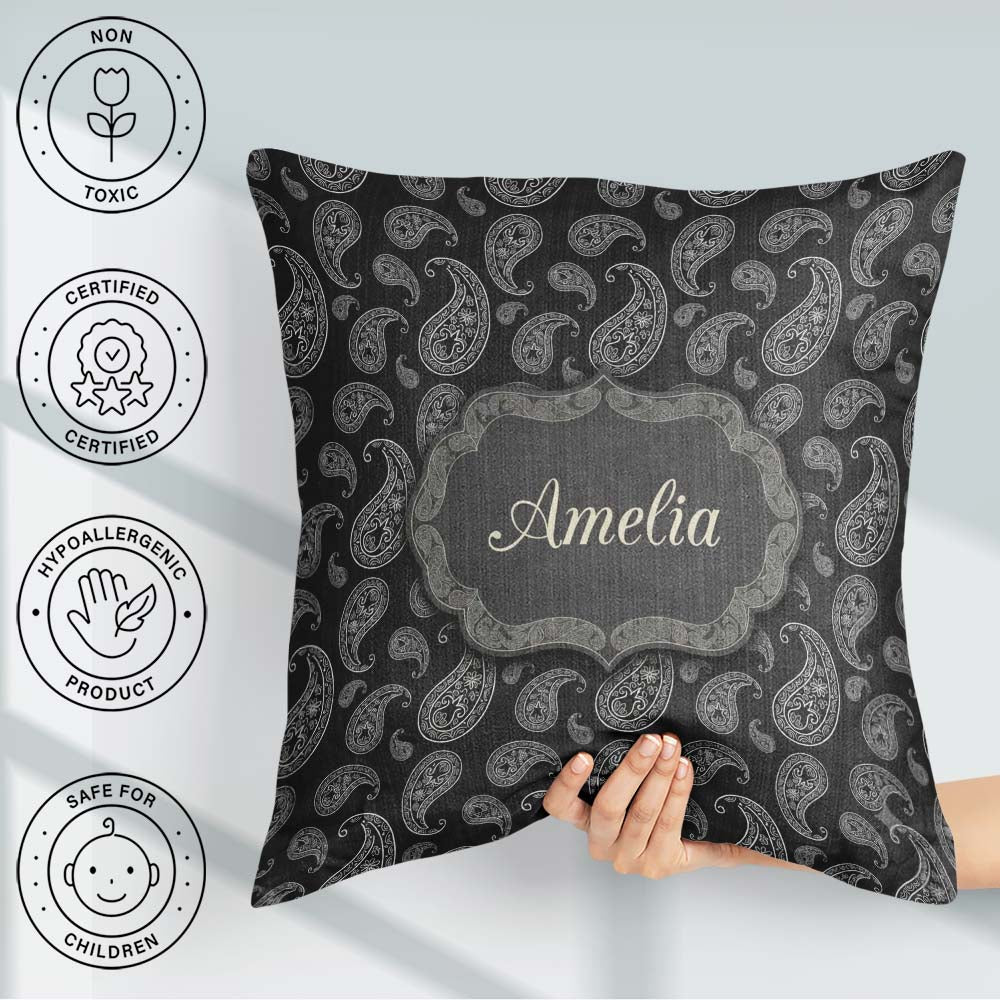 Custom Name Black White Paisley Bandana Seamless Pattern Classic Square Filled Cushion Throw Pillow Sofa Bed Home Decor Zip Washable UK Made