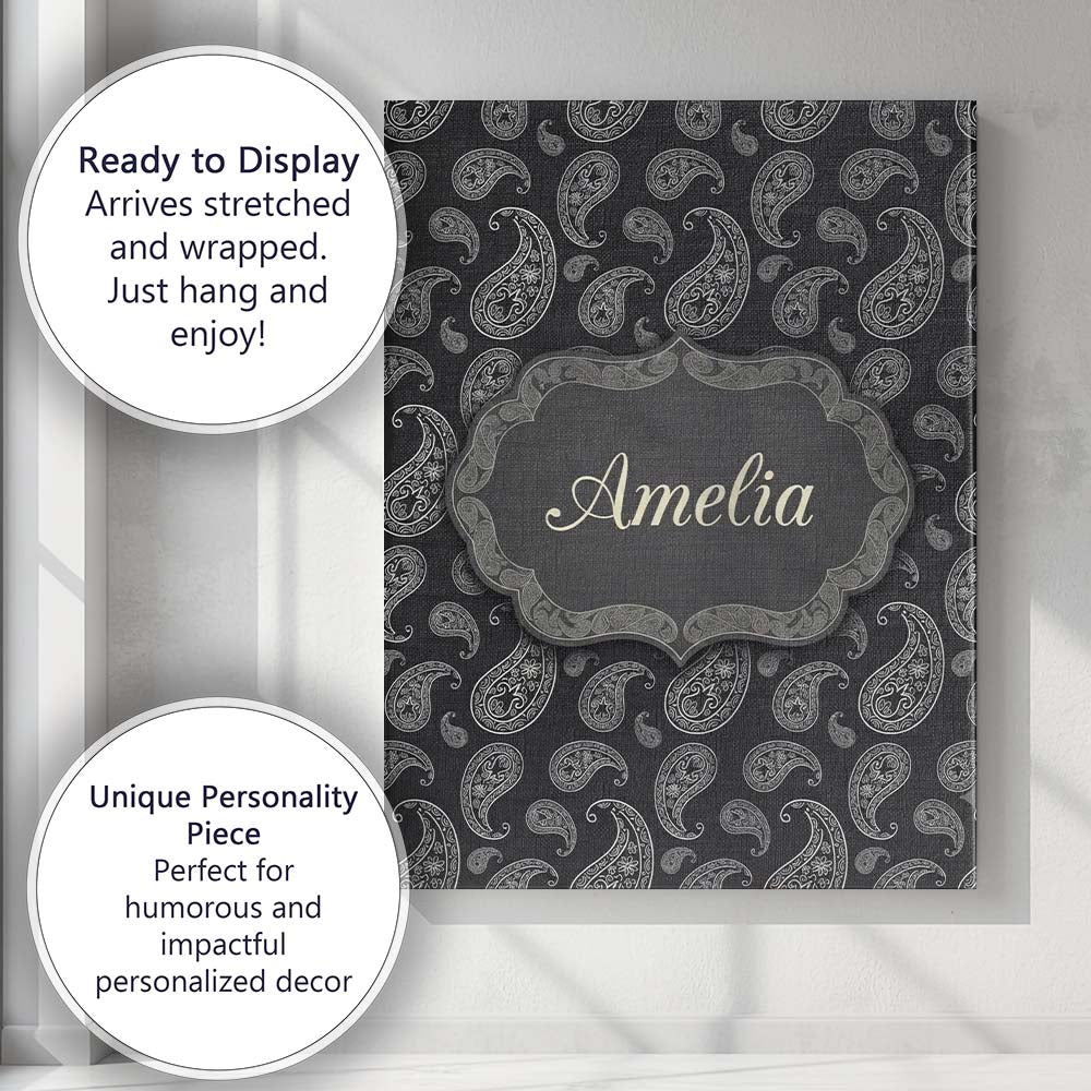 Personalised Name Black White Paisley Custom Modern Room Accent Creative Decorator Style Canvas Wall Art Print Decor Picture Ready to Hang