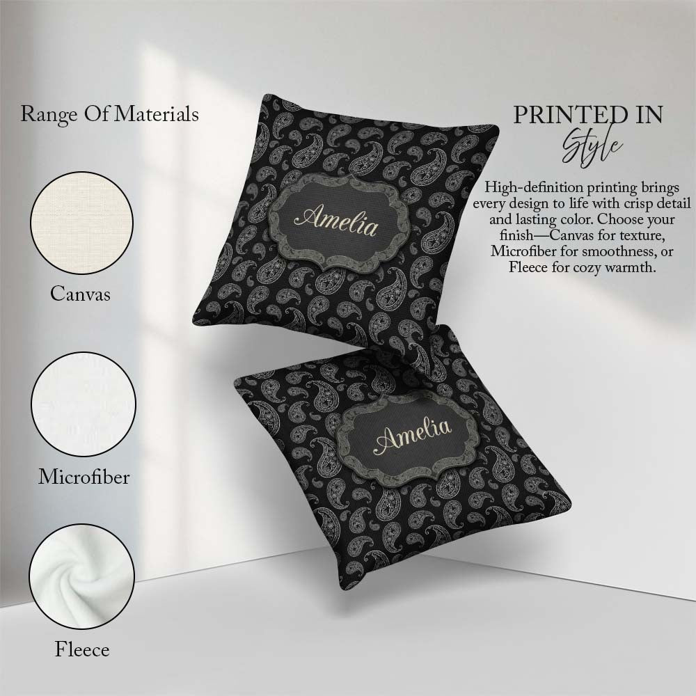 Custom Name Black White Paisley Bandana Seamless Pattern Classic Square Filled Cushion Throw Pillow Sofa Bed Home Decor Zip Washable UK Made