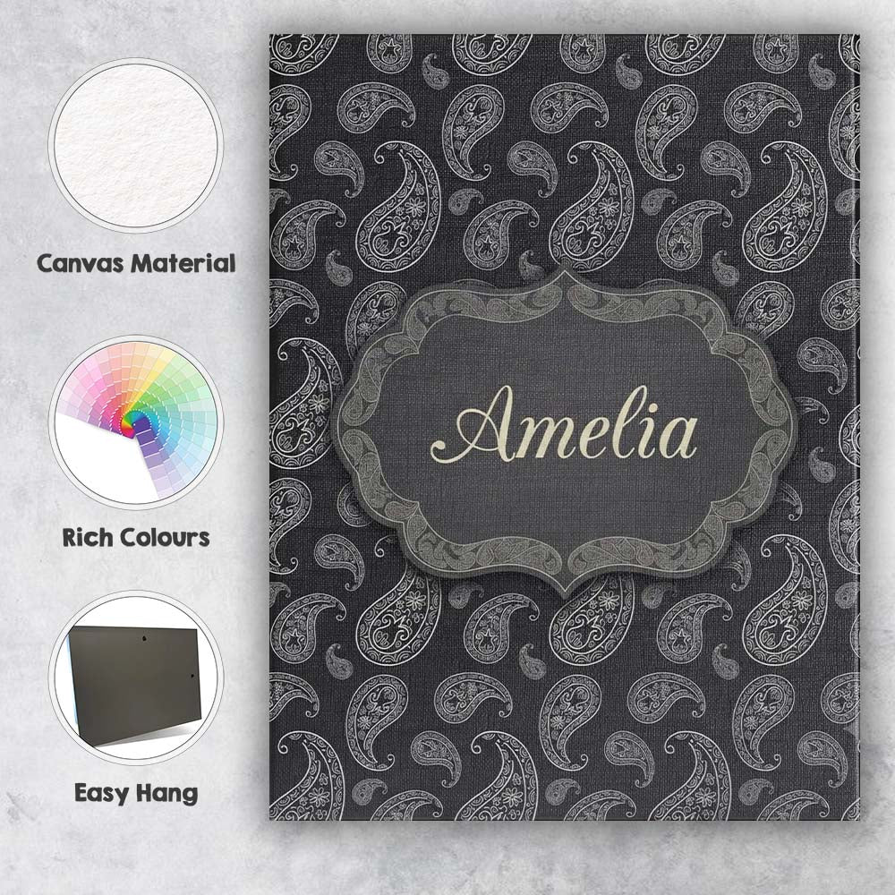 Personalised Name Black White Paisley Custom Modern Room Accent Creative Decorator Style Canvas Wall Art Print Decor Picture Ready to Hang