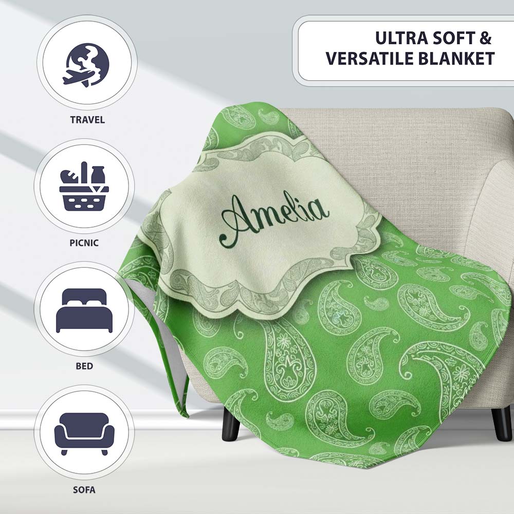 Green Paisley Bandana Floral Ornamental Seamless Pattern Design Personalised Custom Name Super Soft Fleece Blanket Bed Sofa Throw