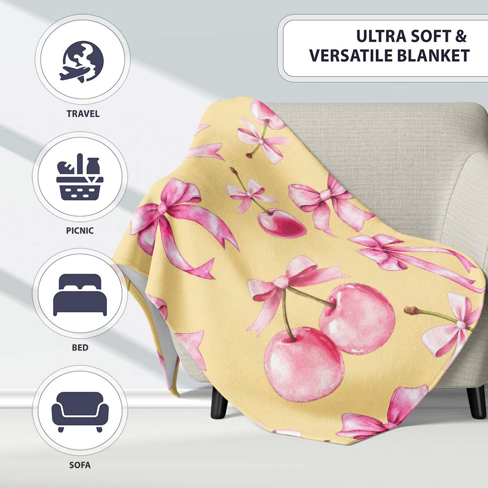 Watercolor Pink Cherry Ribbon Bow Seamless Pattern Warm Yellow Personalised Custom Name Super Soft Fleece Blanket Bed Sofa Throw