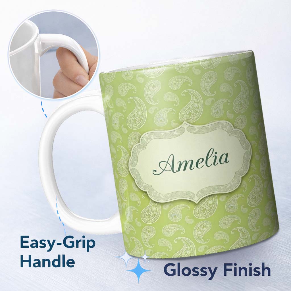 Personalized Custom Name Soft Mint Paisley Vintage Floral Seamless Pattern Design Name Cute 11oz Ceramic Coffee Tea Mug White Large Handle