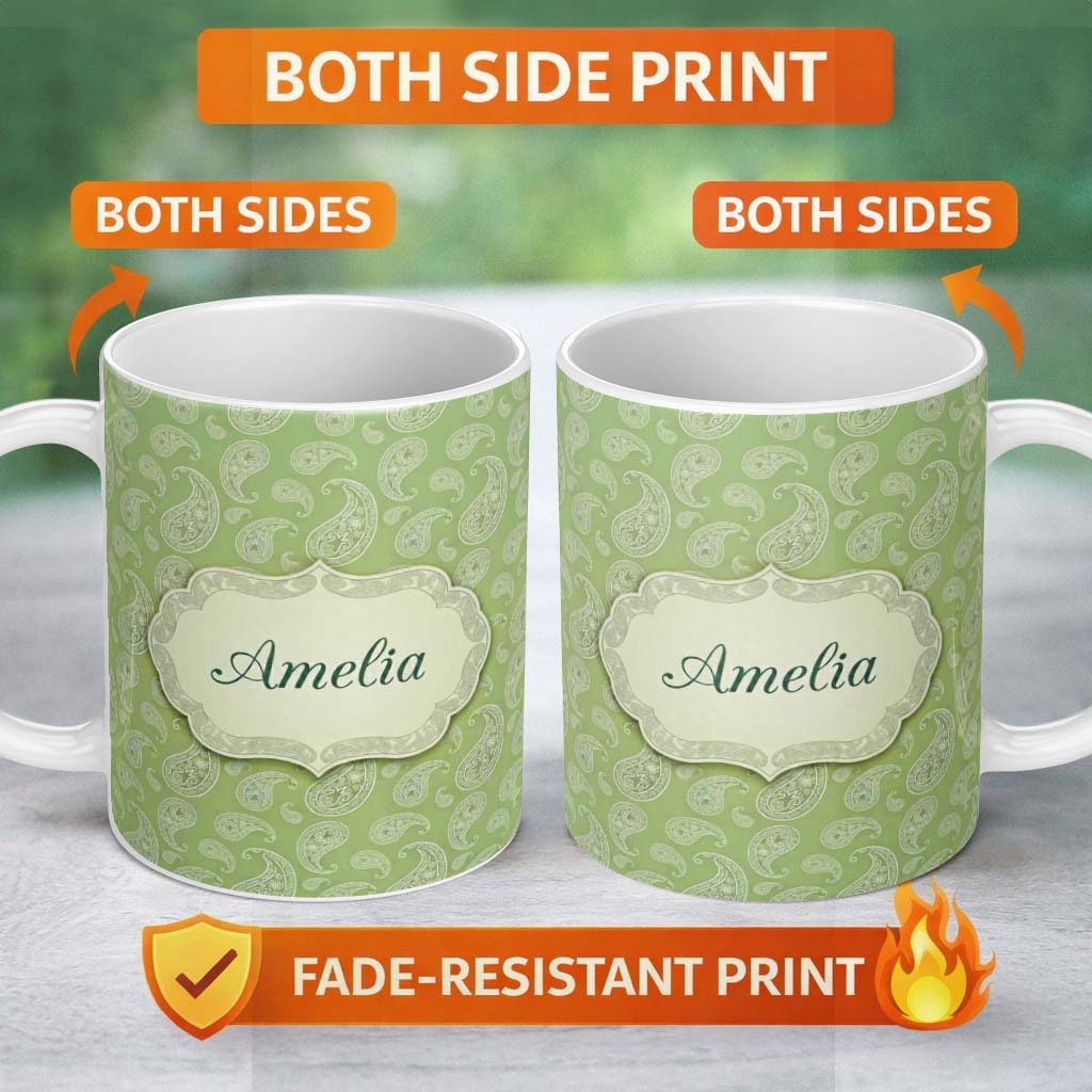 Personalized Custom Name Light Green Paisley Decorative Bandana Style Seamless Pattern Name 11oz Ceramic Coffee Tea Mug White Large Handle