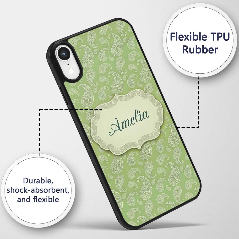 Light Green Paisley Decorative Bandana Style Custom Name Protective Phone Case Mobile Cover Durable Everyday Smartphone Shock Resistant