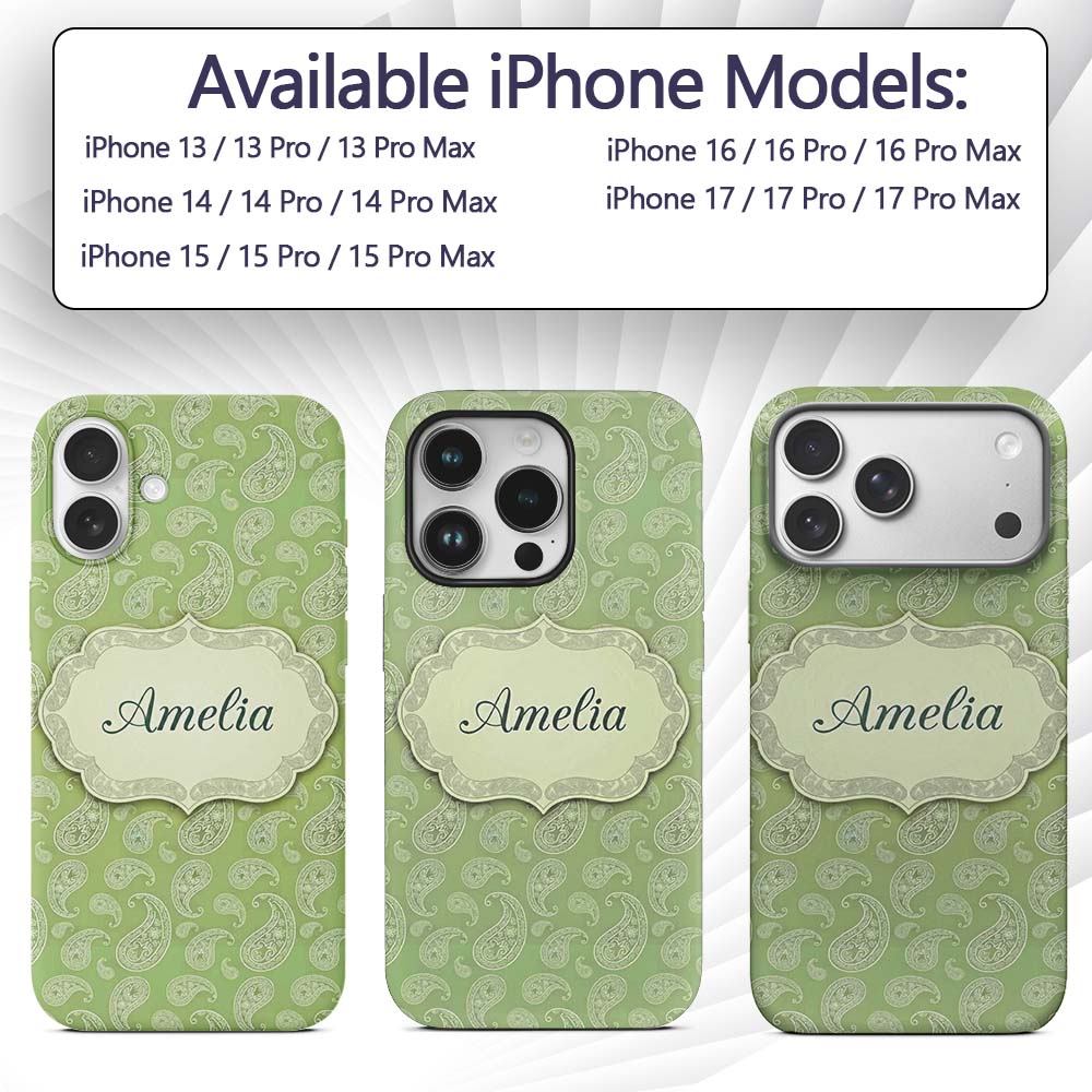 Light Green Paisley Decorative Bandana Style Custom Name Protective Phone Case Mobile Cover Durable Everyday Smartphone Shock Resistant