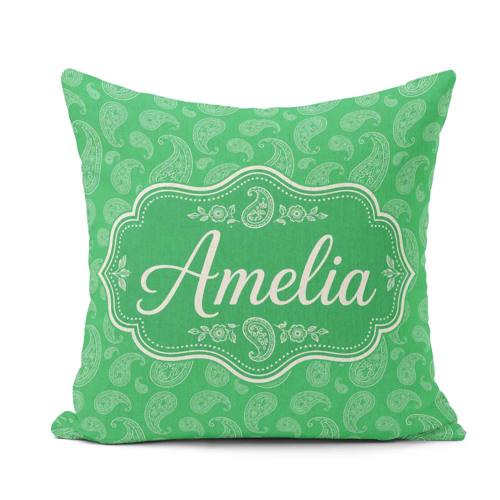 Custom Name Bright Green Paisley Classic Ornamental Pattern Name Square Filled Cushion Throw Pillow Sofa Bed Home Decor Zip Washable UK Made