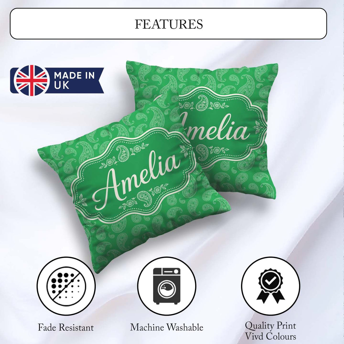 Custom Name Bright Green Paisley Classic Ornamental Pattern Name Square Filled Cushion Throw Pillow Sofa Bed Home Decor Zip Washable UK Made