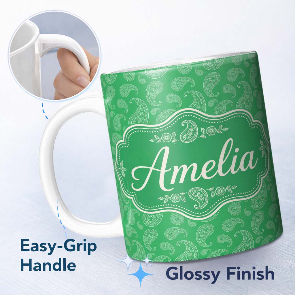 Personalized Custom Name Bright Green Paisley Classic Ornamental Seamless Pattern Name Cute 11oz Ceramic Coffee Tea Mug White Large Handle