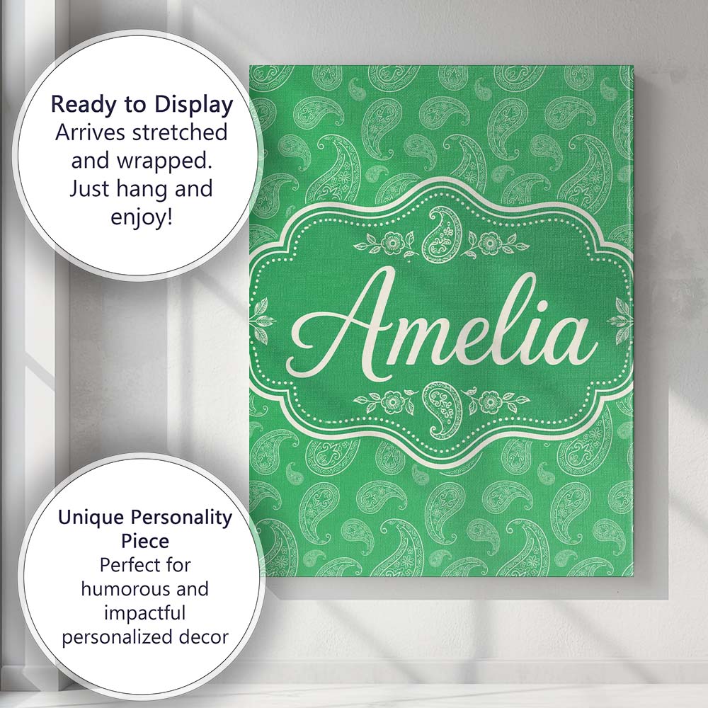 Personalised Name Bright Green Paisley Custom Modern Room Accent Elegant Feature Canvas Wall Art Print Decor Picture Ready to Hang