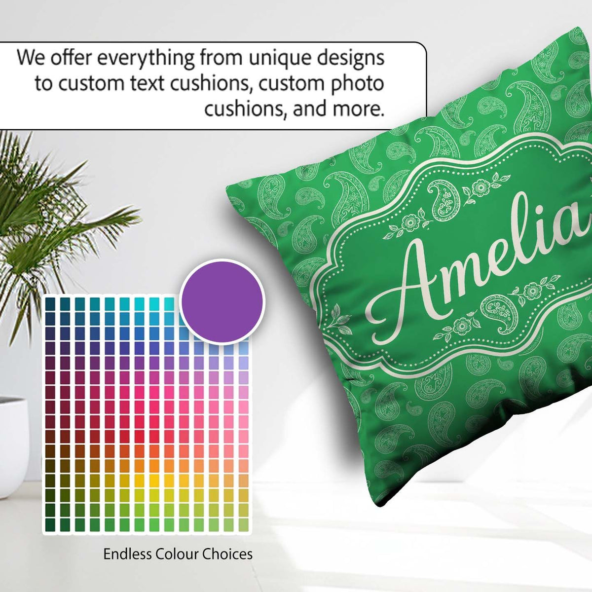 Custom Name Bright Green Paisley Classic Ornamental Pattern Name Square Filled Cushion Throw Pillow Sofa Bed Home Decor Zip Washable UK Made