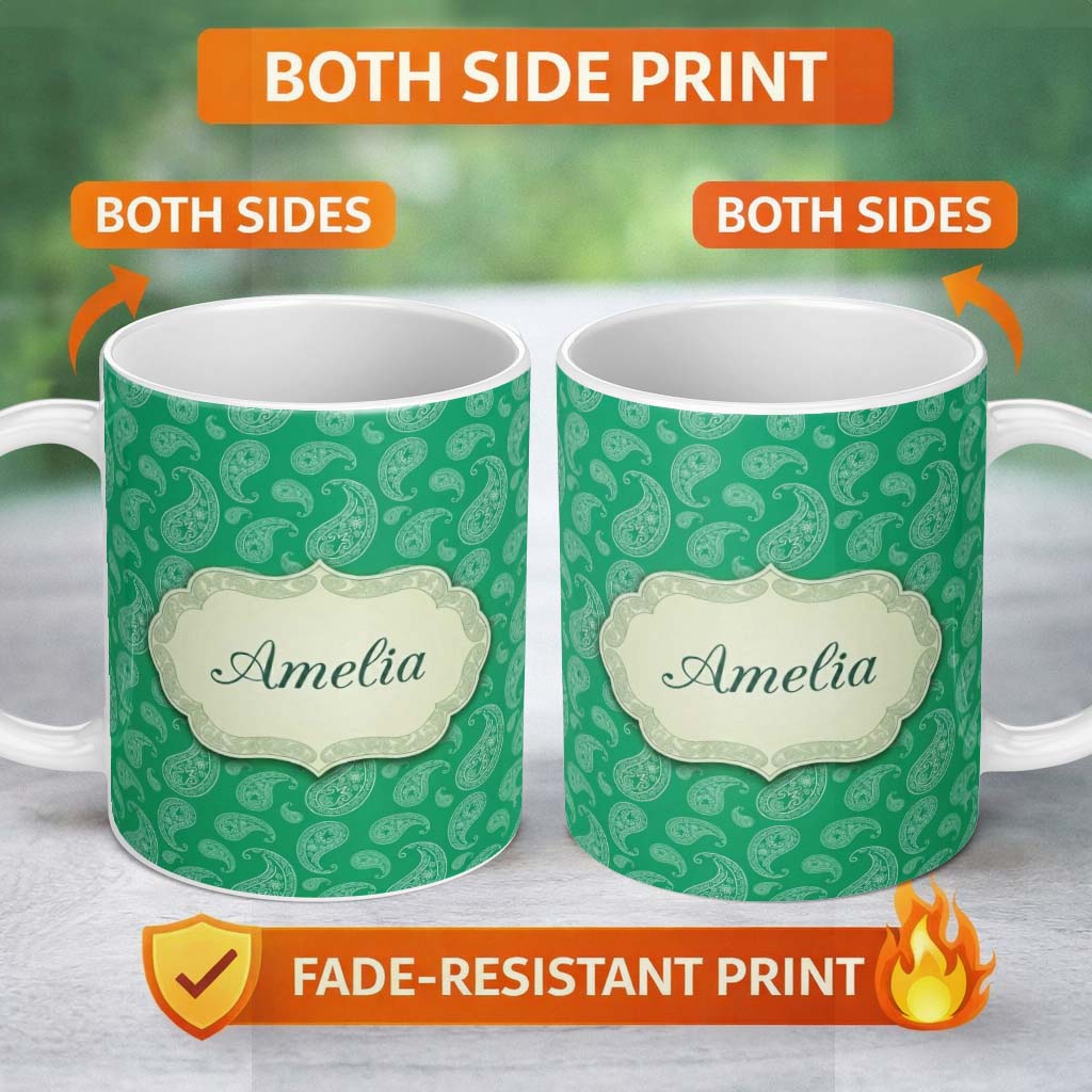 Personalized Custom Name Rich Emerald Paisley Vintage Bandana Seamless Pattern Design Name 11oz Ceramic Coffee Tea Mug White Large Handle
