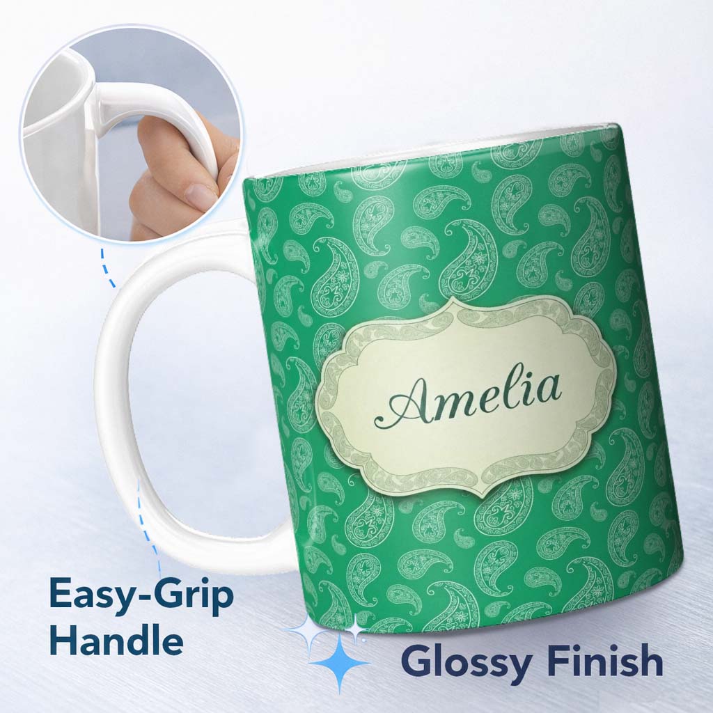 Personalized Custom Name Rich Emerald Paisley Vintage Bandana Seamless Pattern Design Name 11oz Ceramic Coffee Tea Mug White Large Handle