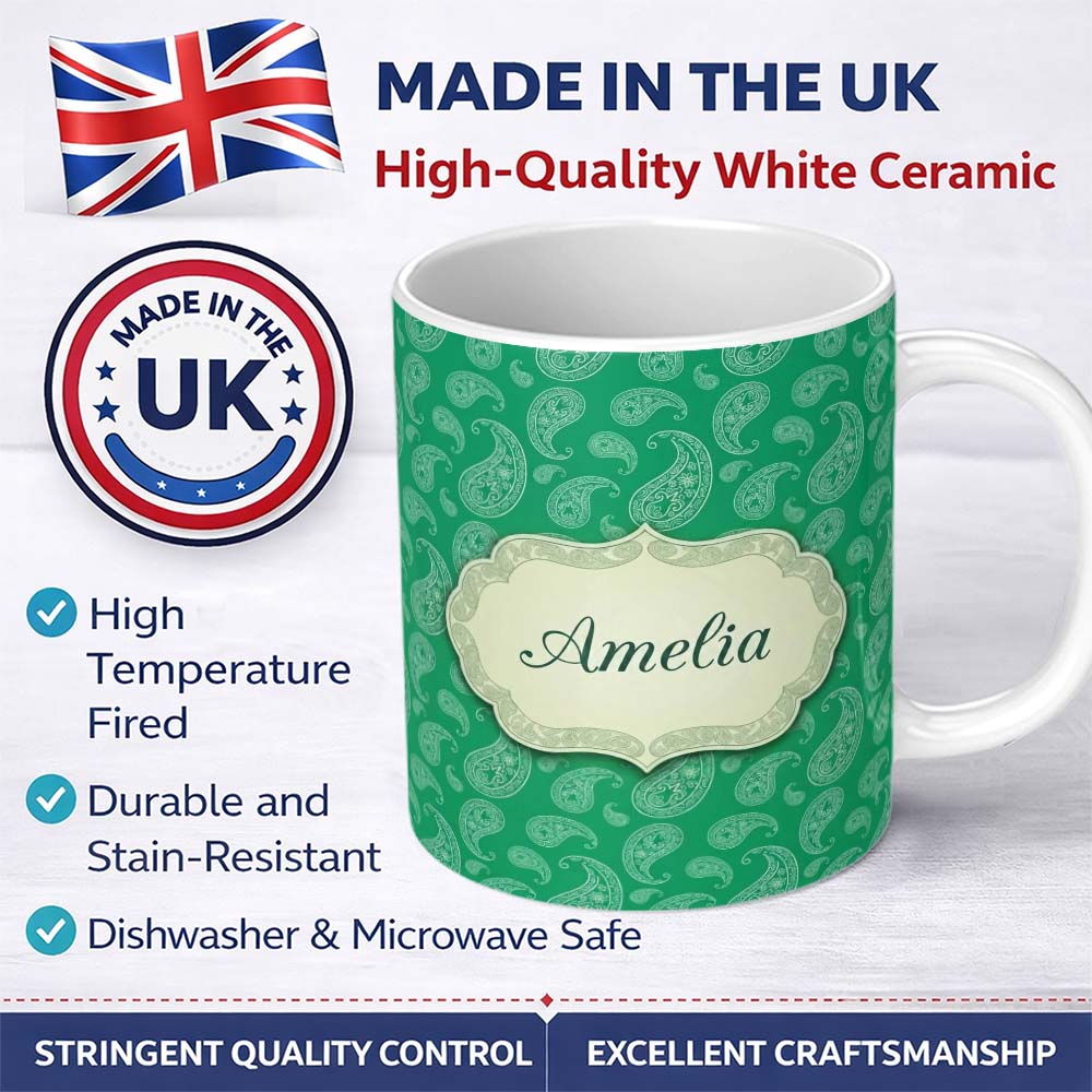 Personalized Custom Name Rich Emerald Paisley Vintage Bandana Seamless Pattern Design Name 11oz Ceramic Coffee Tea Mug White Large Handle