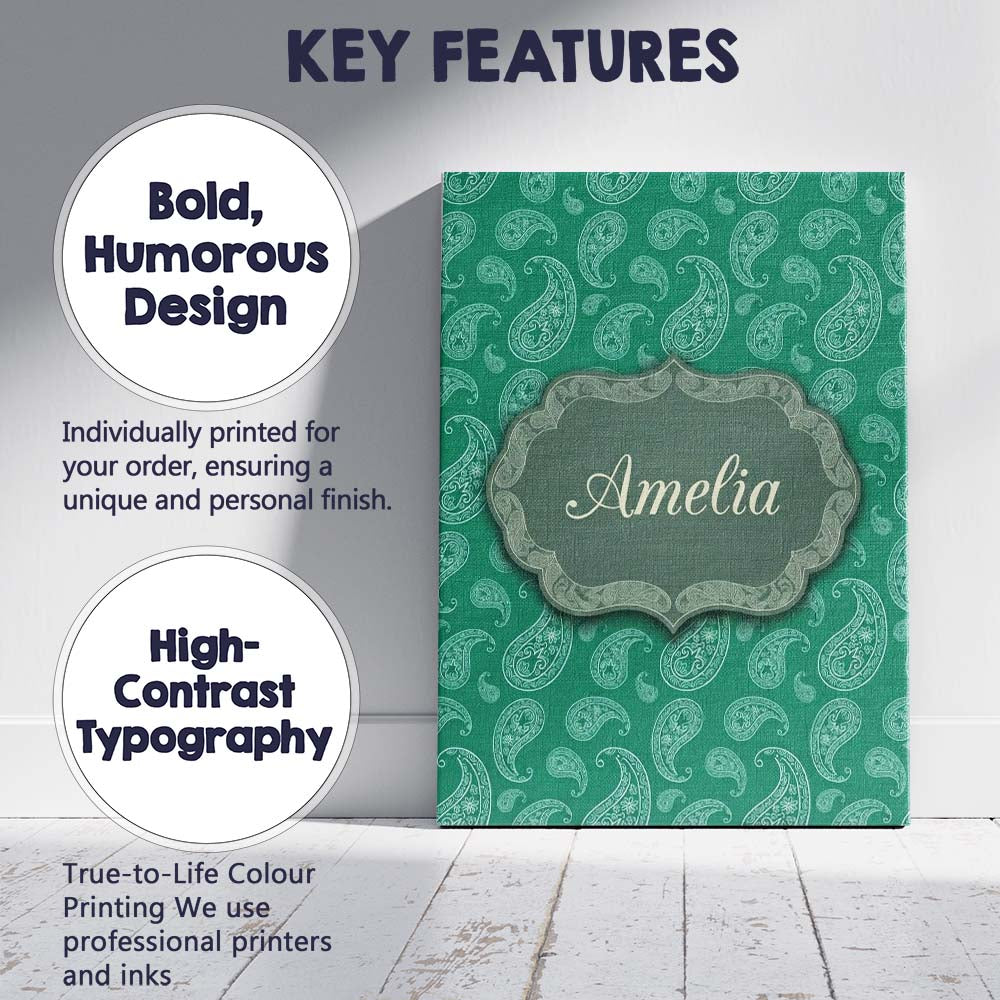 Personalised Name Teal Green Paisley Floral Custom Bespoke Interior Contemporary Canvas Wall Art Print Decor Picture Ready to Hang