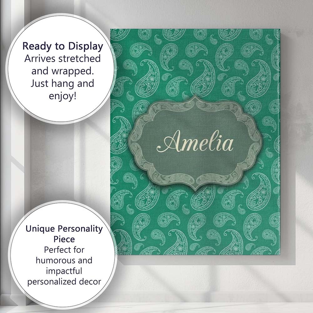 Personalised Name Teal Green Paisley Floral Custom Bespoke Interior Contemporary Canvas Wall Art Print Decor Picture Ready to Hang