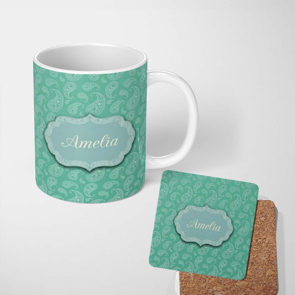 Personalized Custom Name Turquoise Paisley Ornamental Bandana Seamless Pattern Name Cute 11oz Ceramic Coffee Tea Mug White Large Handle