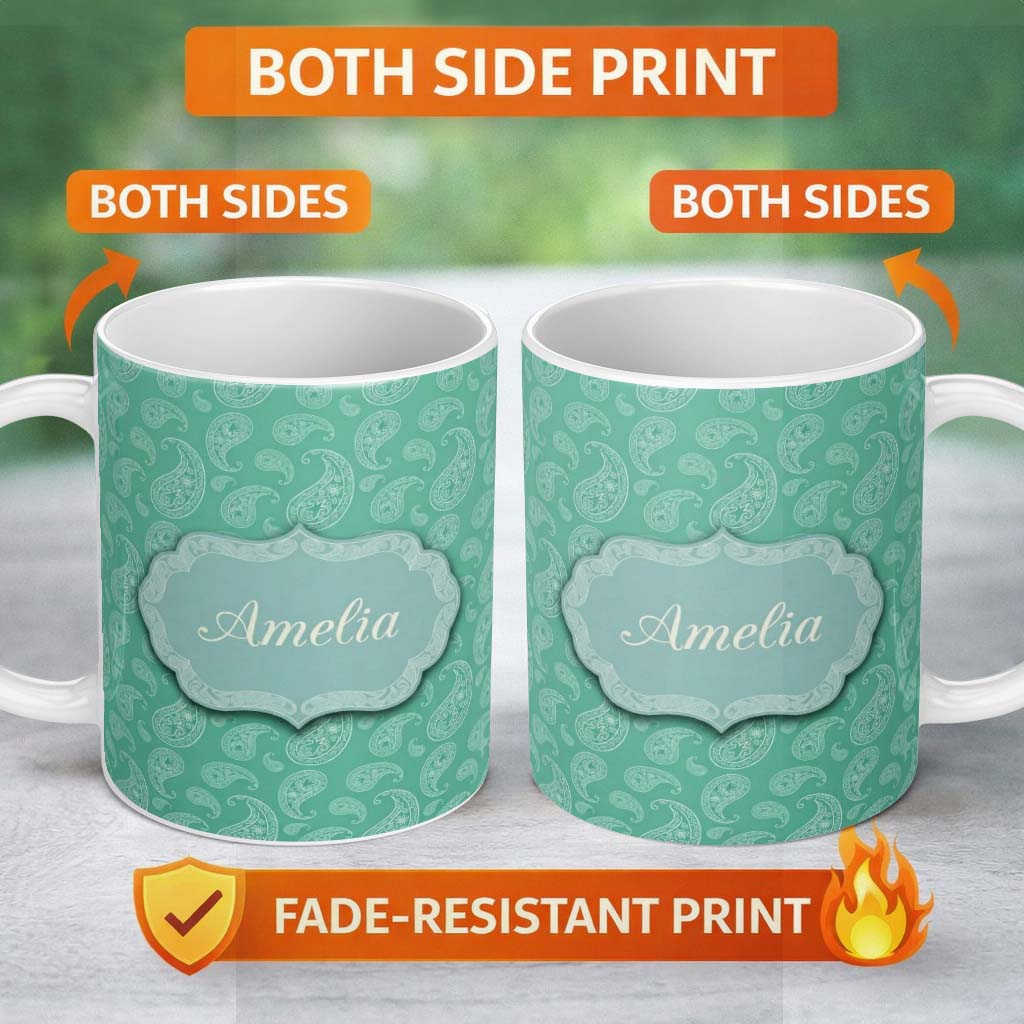 Personalized Custom Name Turquoise Paisley Ornamental Bandana Seamless Pattern Name Cute 11oz Ceramic Coffee Tea Mug White Large Handle