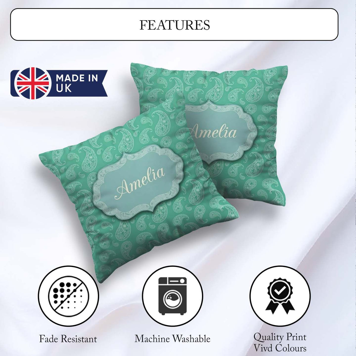 Custom Name Turquoise Paisley Bandana Seamless Pattern Name Cute Square Filled Cushion Throw Pillow Sofa Bed Home Decor Zip Washable UK Made