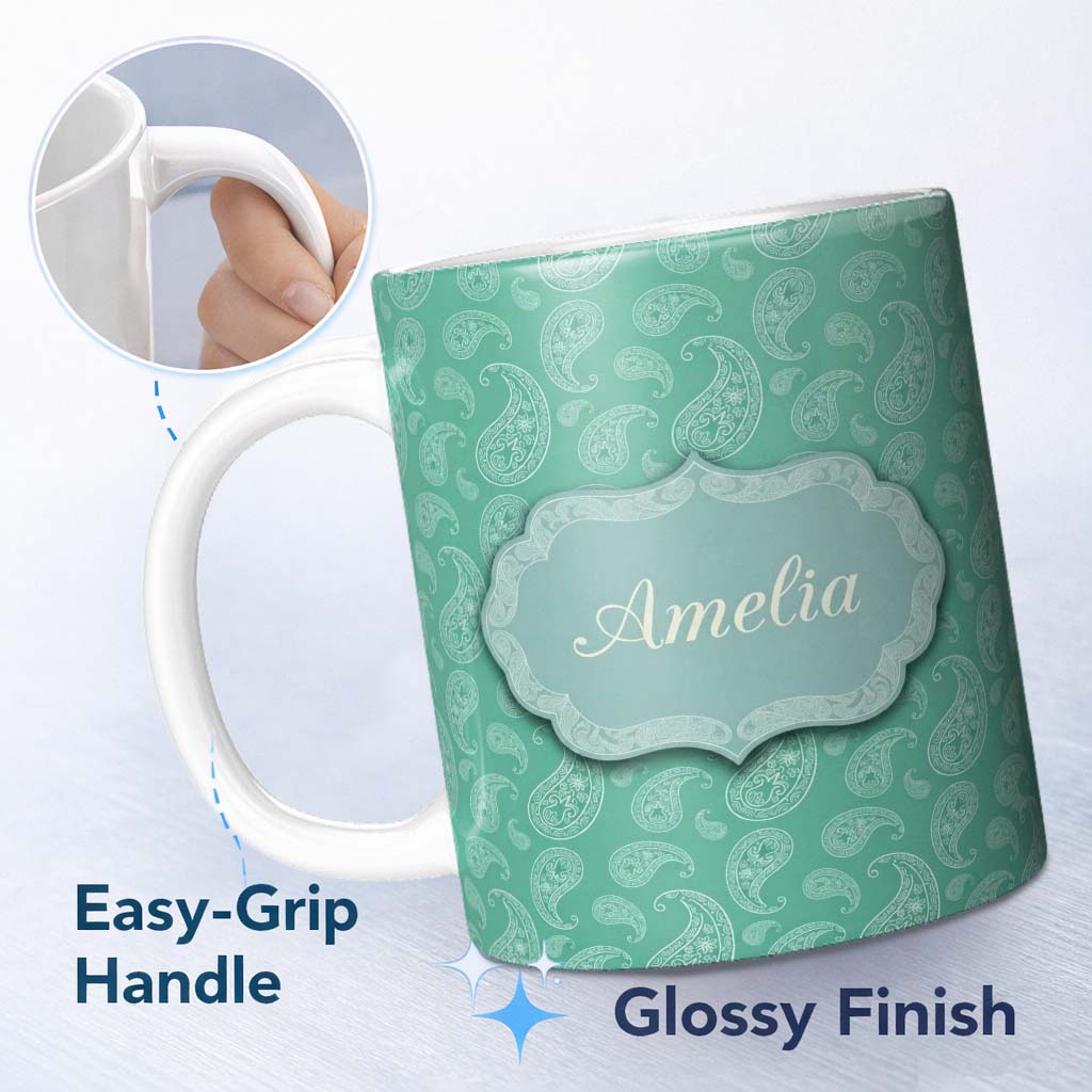 Personalized Custom Name Turquoise Paisley Ornamental Bandana Seamless Pattern Name Cute 11oz Ceramic Coffee Tea Mug White Large Handle