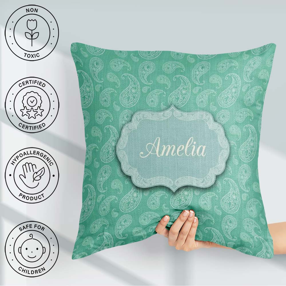 Custom Name Turquoise Paisley Bandana Seamless Pattern Name Cute Square Filled Cushion Throw Pillow Sofa Bed Home Decor Zip Washable UK Made