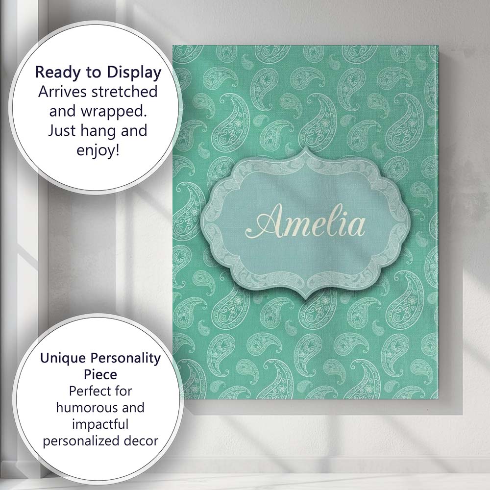 Personalised Name Turquoise Paisley Ornamental Bandana Seamless Creative Decorator Style Canvas Wall Art Print Decor Picture Ready to Hang
