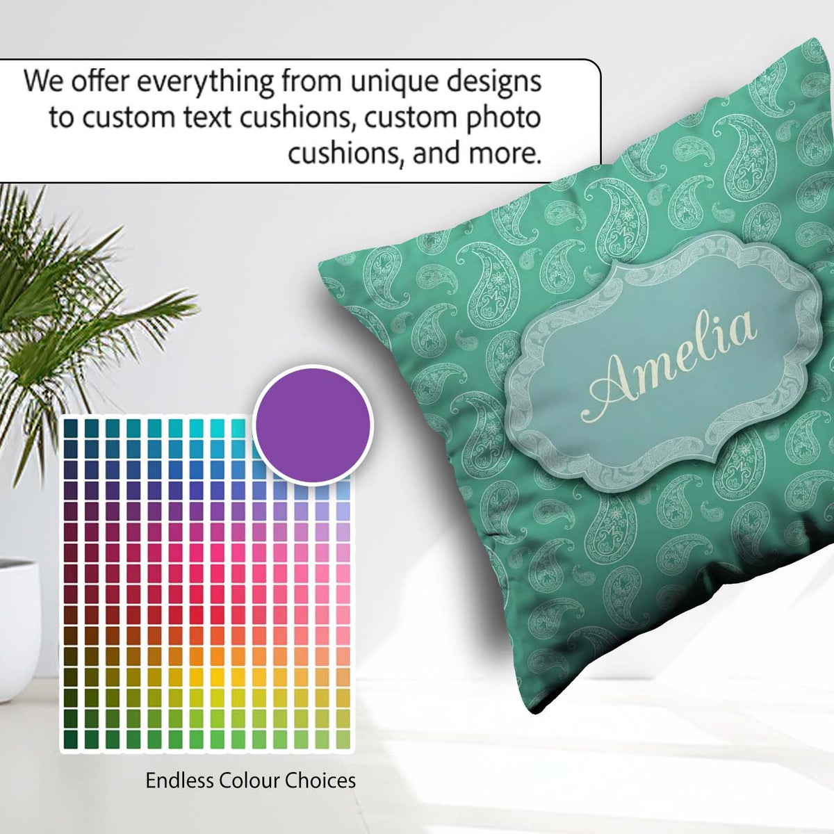Custom Name Turquoise Paisley Bandana Seamless Pattern Name Cute Square Filled Cushion Throw Pillow Sofa Bed Home Decor Zip Washable UK Made