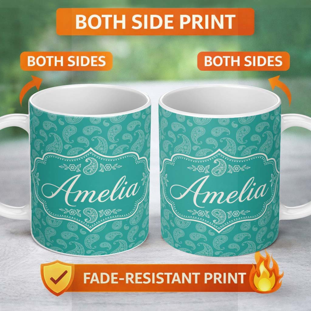 Personalized Custom Name Dark Teal Paisley Classic Floral Seamless Pattern Design Name Cute 11oz Ceramic Coffee Tea Mug White Large Handle