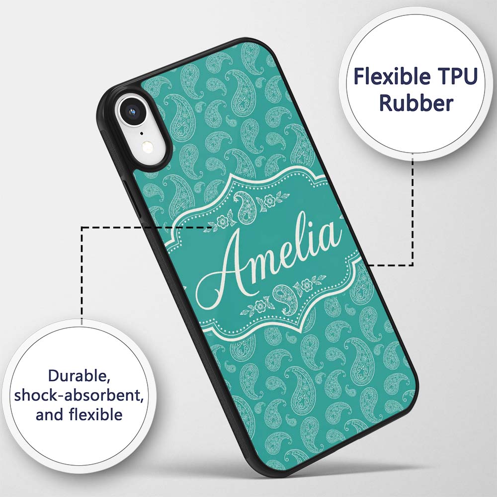 Dark Teal Paisley Classic Floral Seamless Pattern Custom Name Protective Phone Case Mobile Cover Durable Everyday Smartphone Shock Resistant