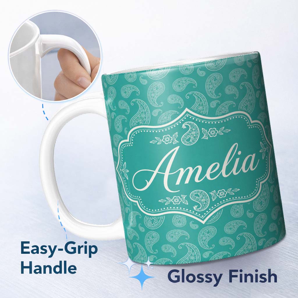 Personalized Custom Name Dark Teal Paisley Classic Floral Seamless Pattern Design Name Cute 11oz Ceramic Coffee Tea Mug White Large Handle