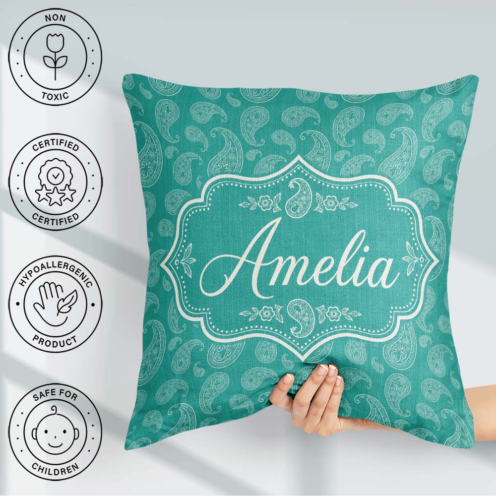 Custom Name Dark Teal Paisley Classic Floral Pattern Design Name Square Filled Cushion Throw Pillow Sofa Bed Home Decor Zip Washable UK Made