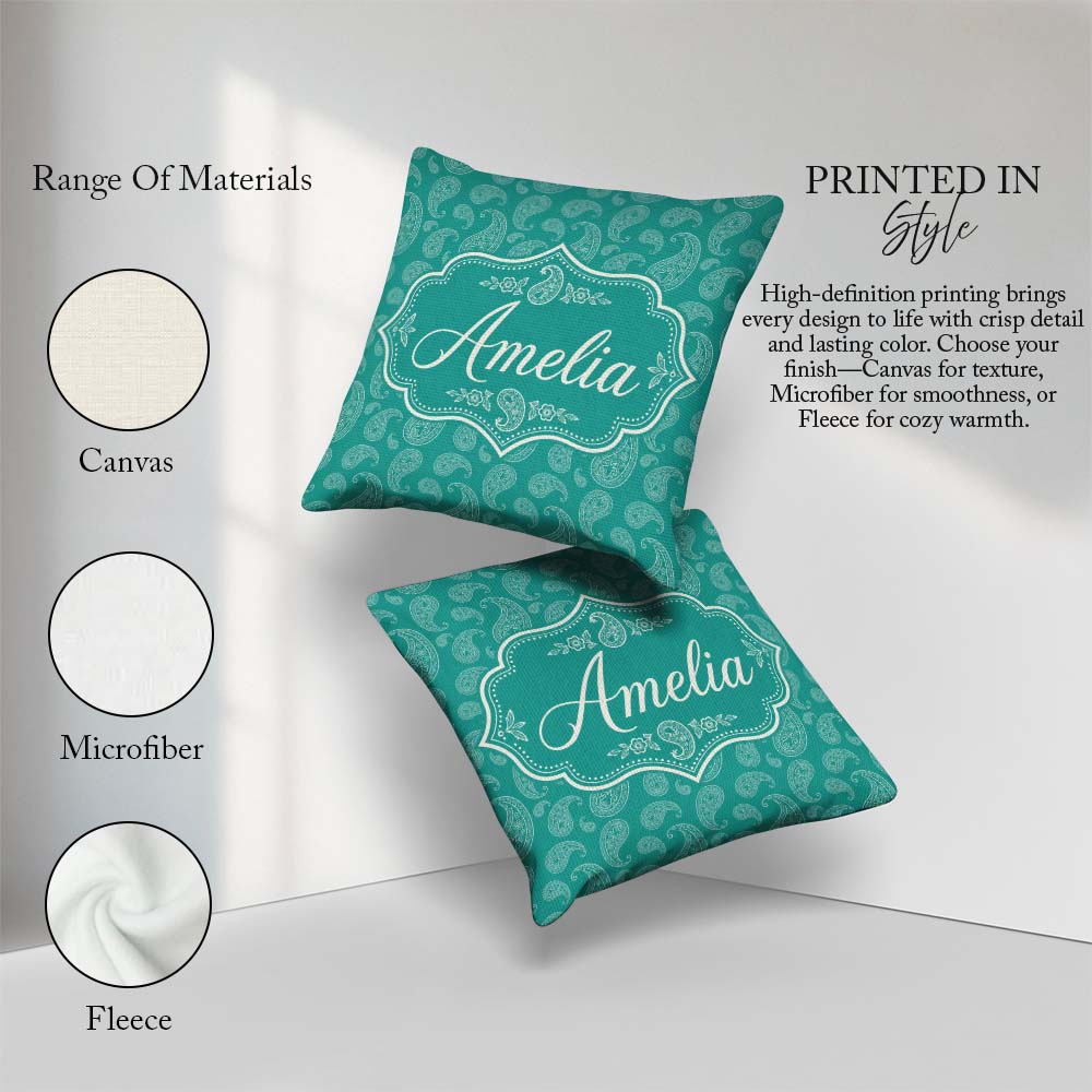Custom Name Dark Teal Paisley Classic Floral Pattern Design Name Square Filled Cushion Throw Pillow Sofa Bed Home Decor Zip Washable UK Made