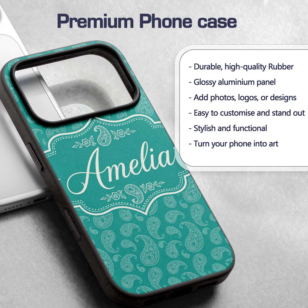 Dark Teal Paisley Classic Floral Seamless Pattern Custom Name Protective Phone Case Mobile Cover Durable Everyday Smartphone Shock Resistant