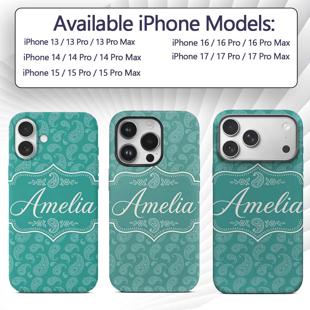 Dark Teal Paisley Classic Floral Seamless Pattern Custom Name Protective Phone Case Mobile Cover Durable Everyday Smartphone Shock Resistant