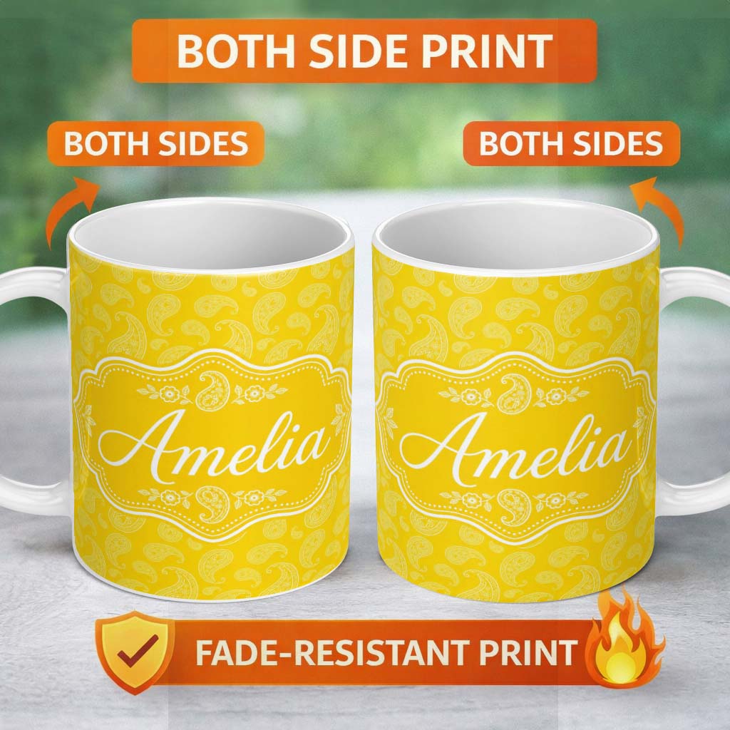 Personalized Custom Name Yellow Paisley Bandana Style Seamless Pattern Bright Ornamental 11oz Ceramic Coffee Tea Mug White Large Handle