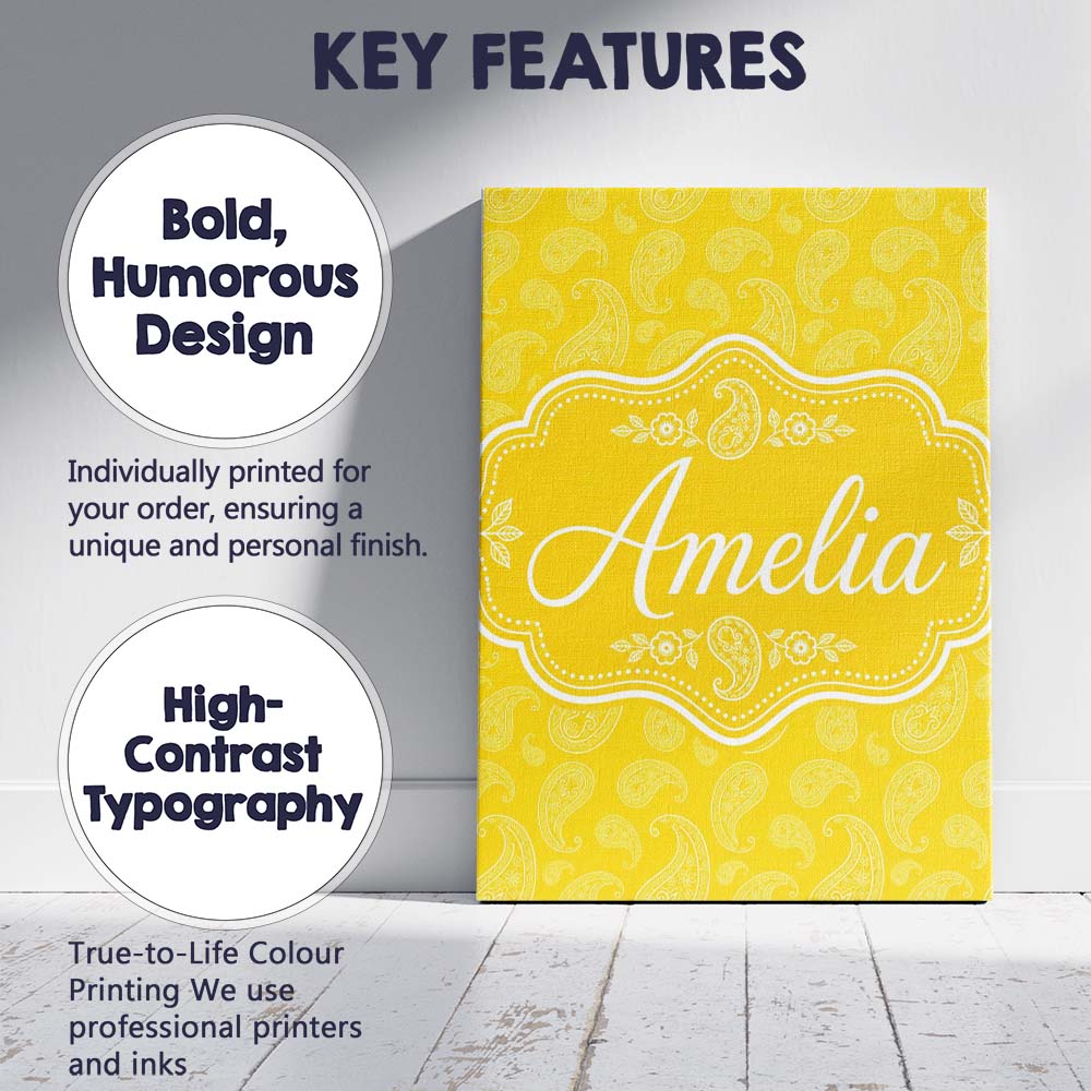 Personalised Name Yellow Paisley Bandana Custom Unique Gift Idea Elegant Feature Canvas Wall Art Print Decor Picture Ready to Hang