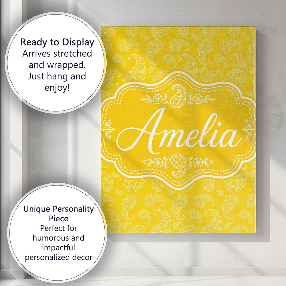 Personalised Name Yellow Paisley Bandana Custom Unique Gift Idea Elegant Feature Canvas Wall Art Print Decor Picture Ready to Hang