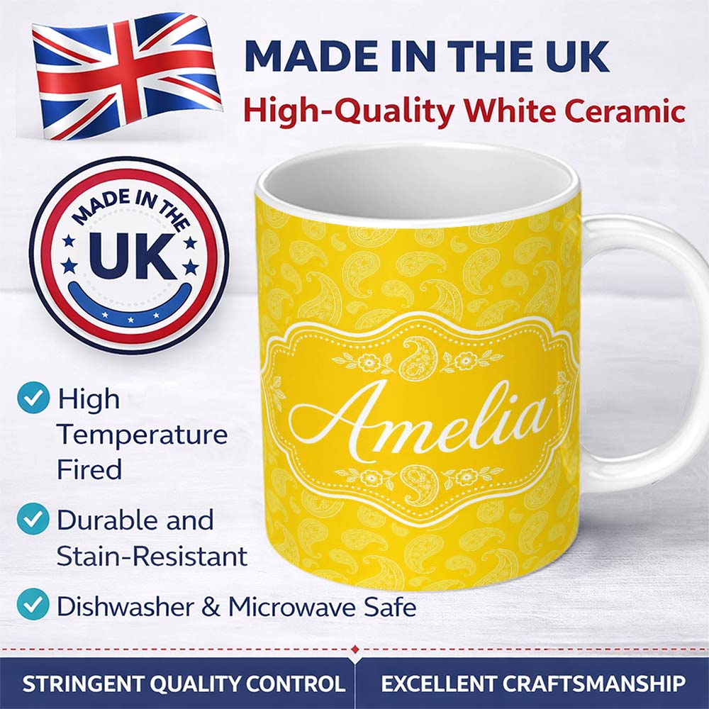 Personalized Custom Name Yellow Paisley Bandana Style Seamless Pattern Bright Ornamental 11oz Ceramic Coffee Tea Mug White Large Handle