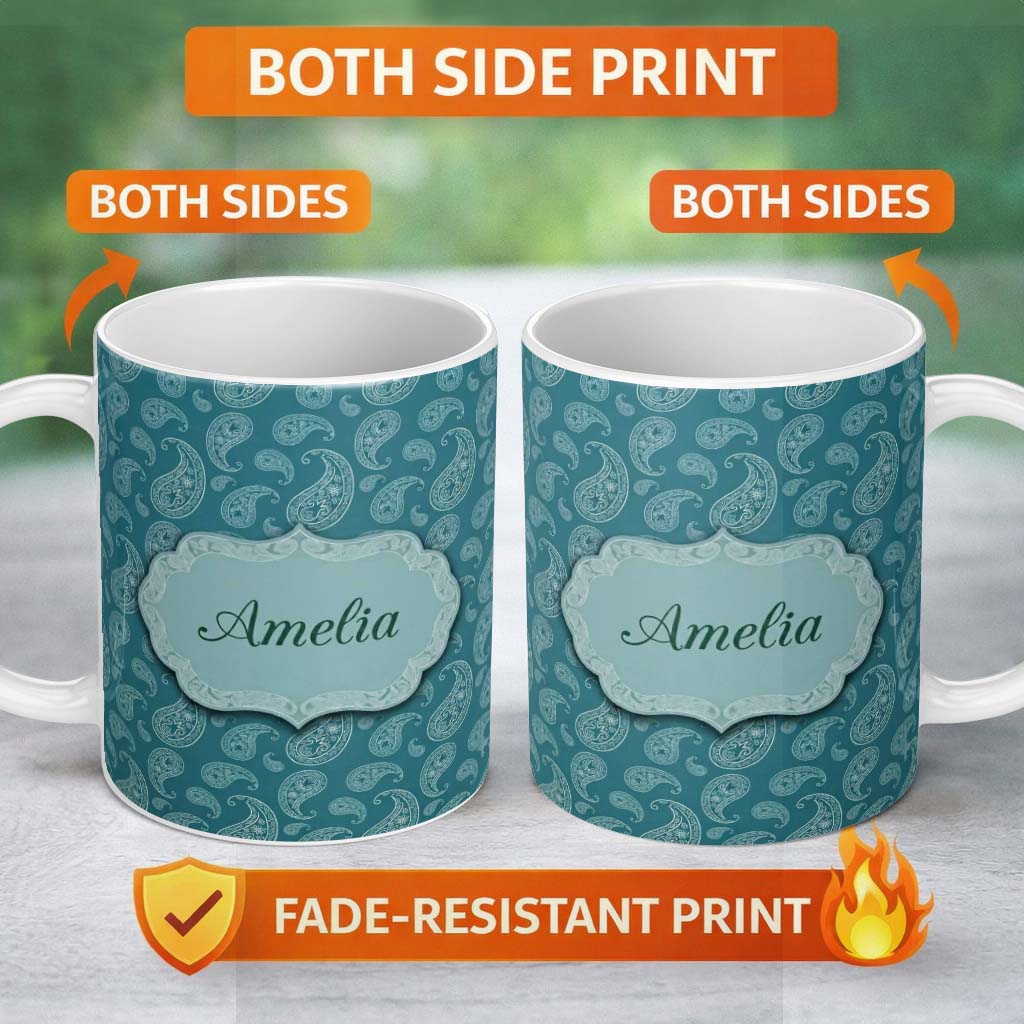 Personalized Custom Name Dark Teal Paisley Floral Bandana Seamless Pattern Classic Custom 11oz Ceramic Coffee Tea Mug White Large Handle