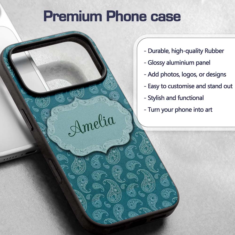 Dark Teal Paisley Floral Bandana Seamless Pattern Custom Name Protective Phone Case Mobile Cover Durable Everyday Smartphone Shock Resistant