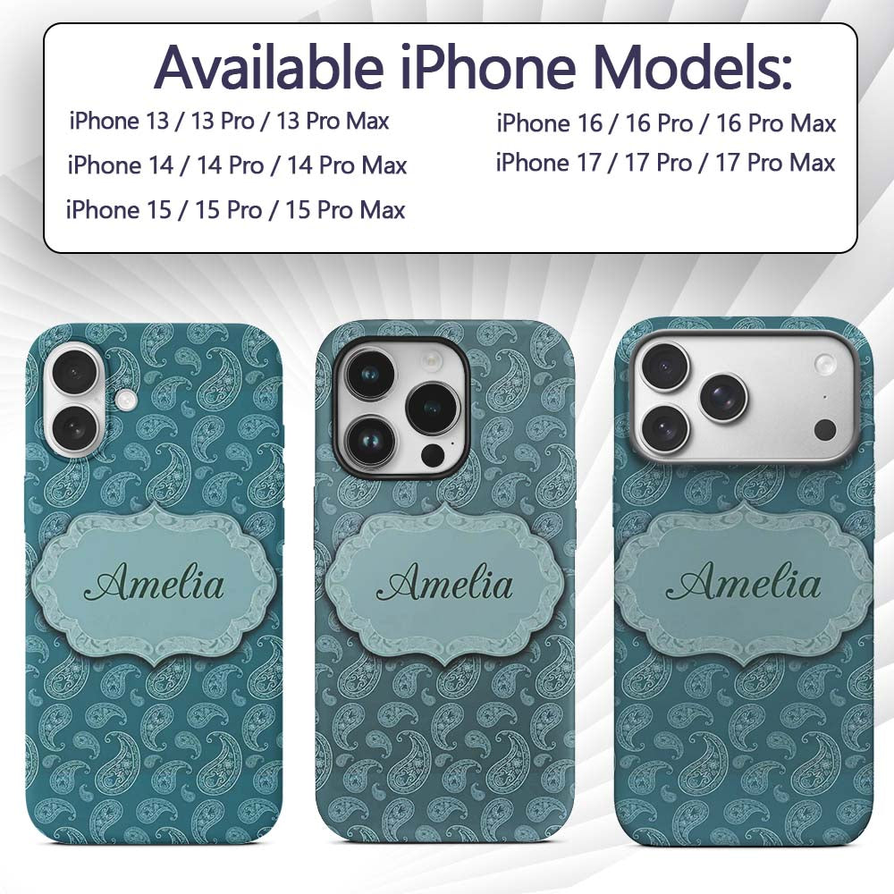 Dark Teal Paisley Floral Bandana Seamless Pattern Custom Name Protective Phone Case Mobile Cover Durable Everyday Smartphone Shock Resistant